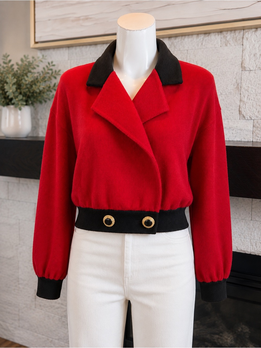 St. John by Marie Gray Vintage Red Black Gold Button Knit Jacket M - Picture 2 of 8